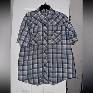 Wrangler Wrancher Pearl Snap Western Shirt Mens Large Plaid Short Sleeve Blue